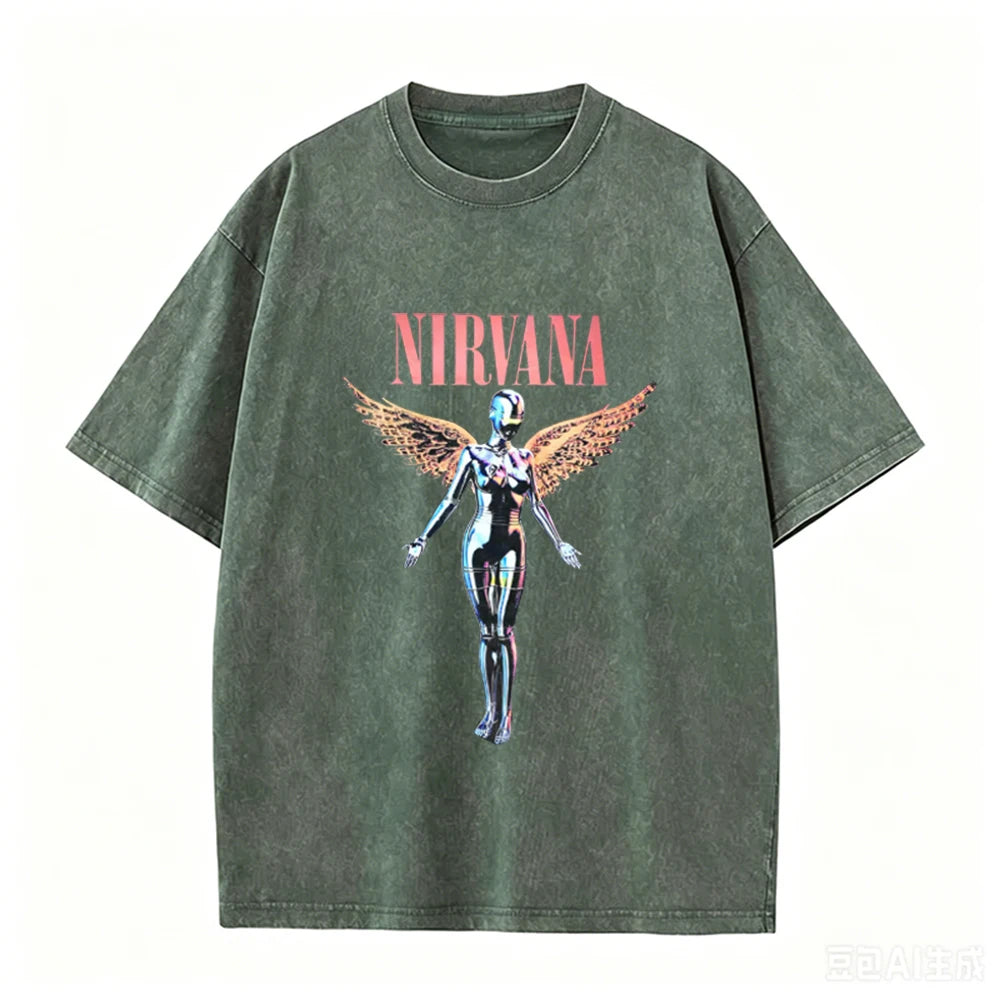 Nirvana Angel In Utero Print Vintage Washed T Shirt Rock Band Casual Top