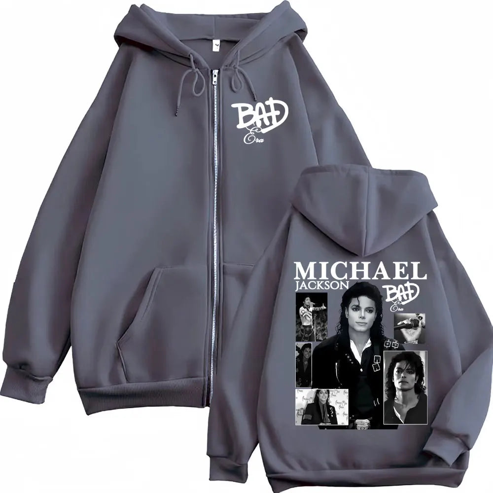 King of Pop Michael Jackson Bad Era Zipper Hoodie Men Women Harajuku Streetwear Jacket Sweatshirt Fleece Casual Zip Up Pullovers