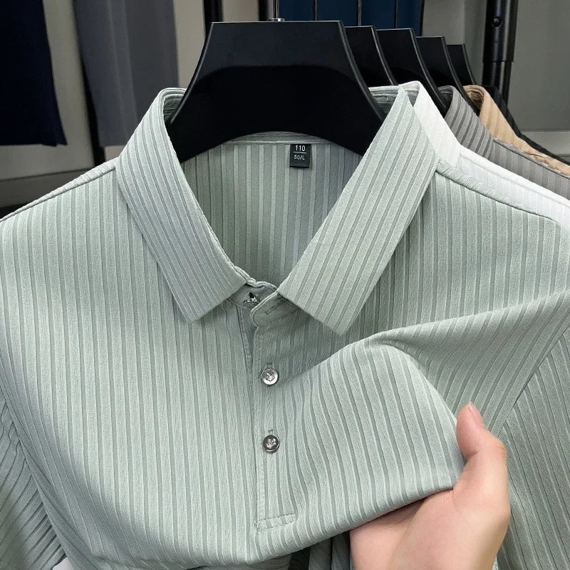 2026 New Men's Casual Fashion Striped Short Sleeved Collar Polo Shirt Breathable and Comfortable Summer Versatile T-shirt