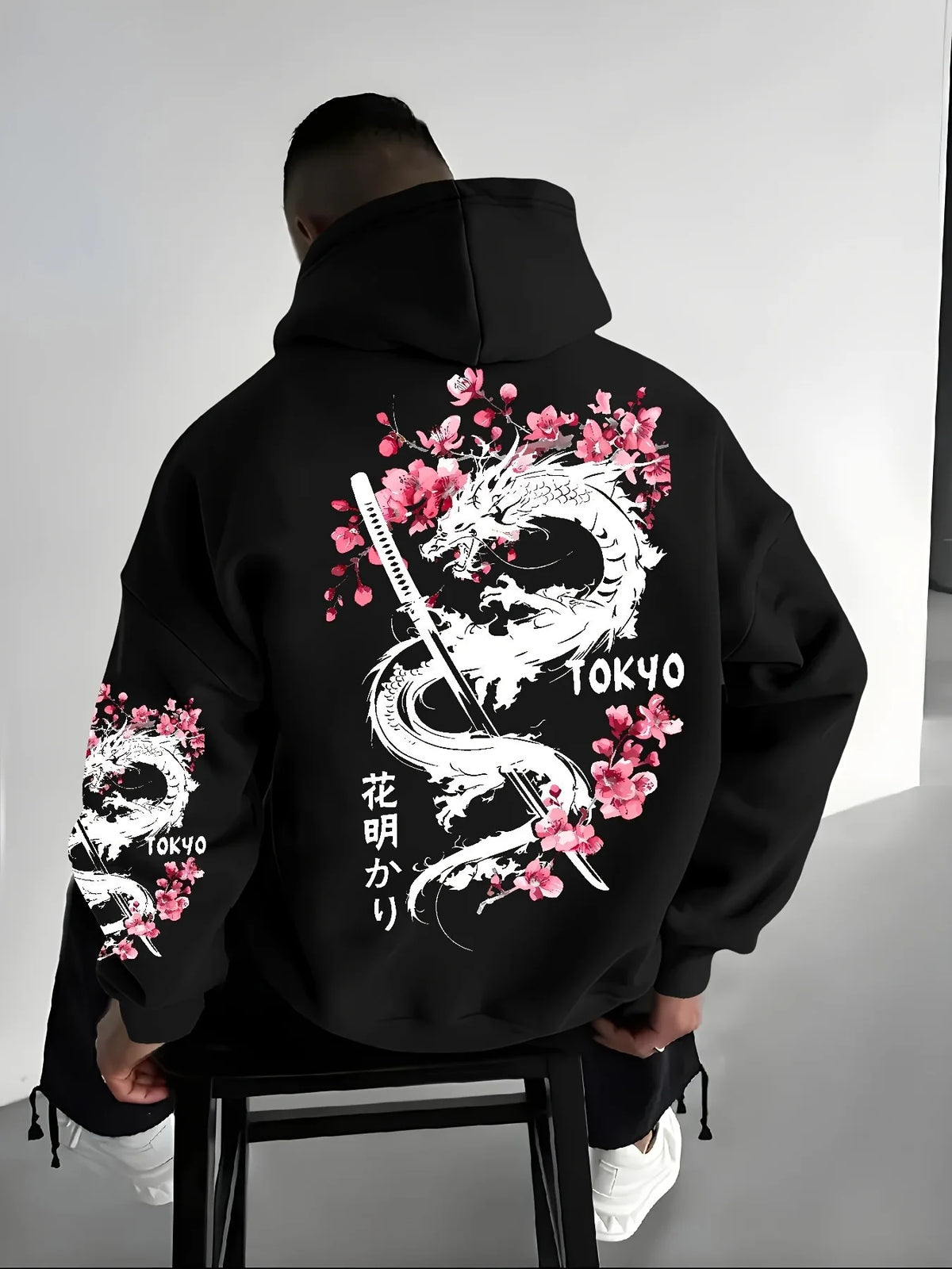 Japan Men Women Anime Dragon Sakura Print Hoodie Street Harajuku Y2K Sports Casual Loose Autumn Winter Warm Sweatshirt Clothing