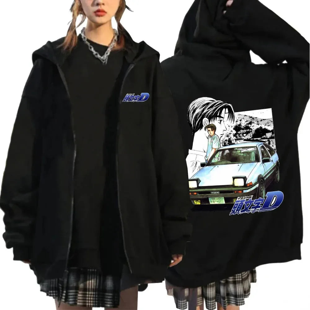 Anime Initial D Drift AE86 Zipper Hoodie Casual Vintage Zip Up Hooded Sweatshirts JDM Car Oversized Hoodies Cardigan Jacket Coat