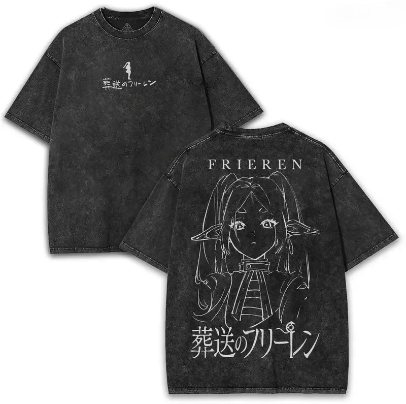 Frieren T Shirt Beyond Journey's End Anime Clothing Men Women T-shirts Short Sleeve Vintage Washed TShirt Cotton Tees Top