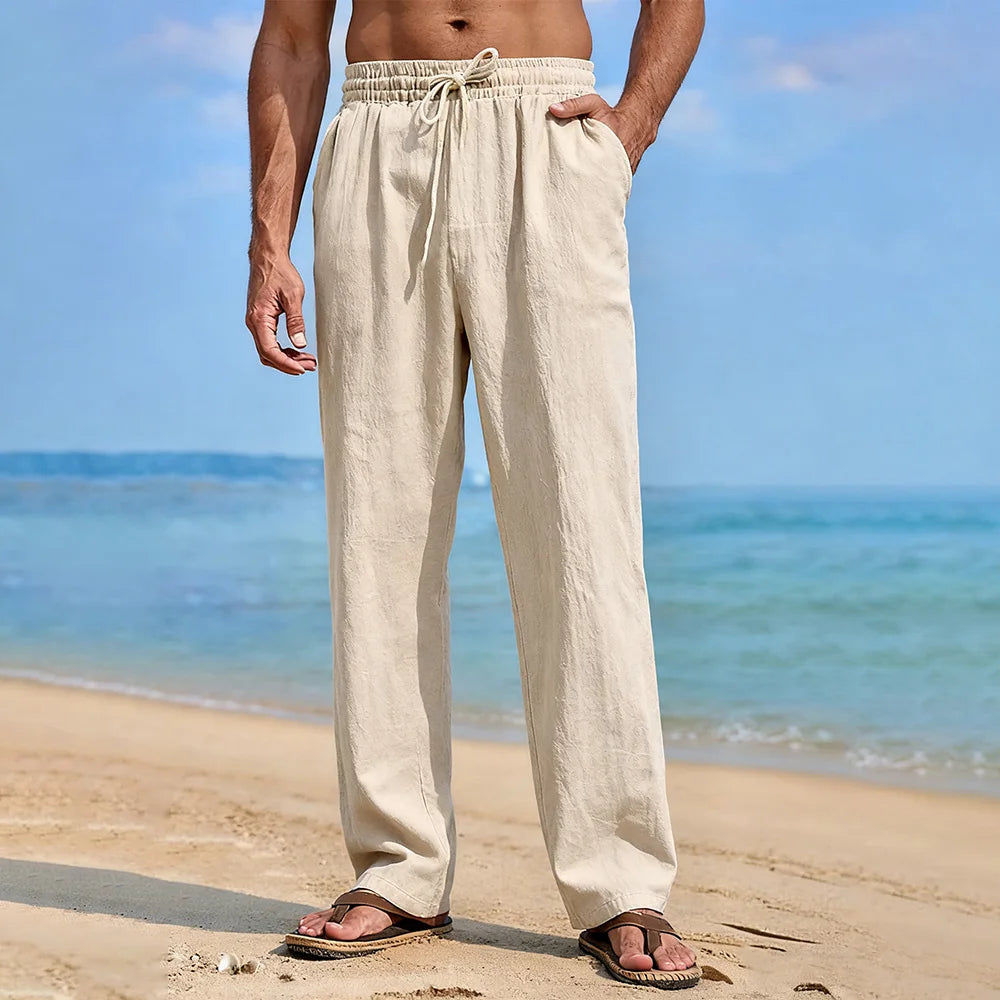 Men's Straight Leg Pants Cotton Linen Breathable Lightweight Solid Color Cozy Long Trousers Hawaiian Vacation Style Pants