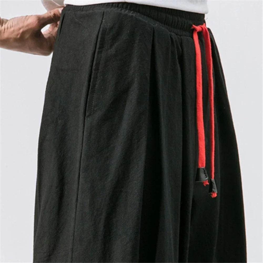 Men's Wide Leg Pants Loose Fit Casual Breathable Lightwight Solid Color Elastic Waist Trousers Cotton Linen Male Long Pants