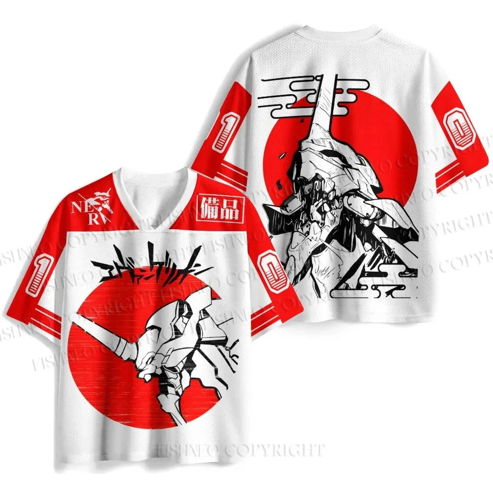 New Summer Anime Evangelion Rei Ayanami The Last Angel Print Jersey T-shirt Men Oversized Streetwear V-Neck Casual Tops