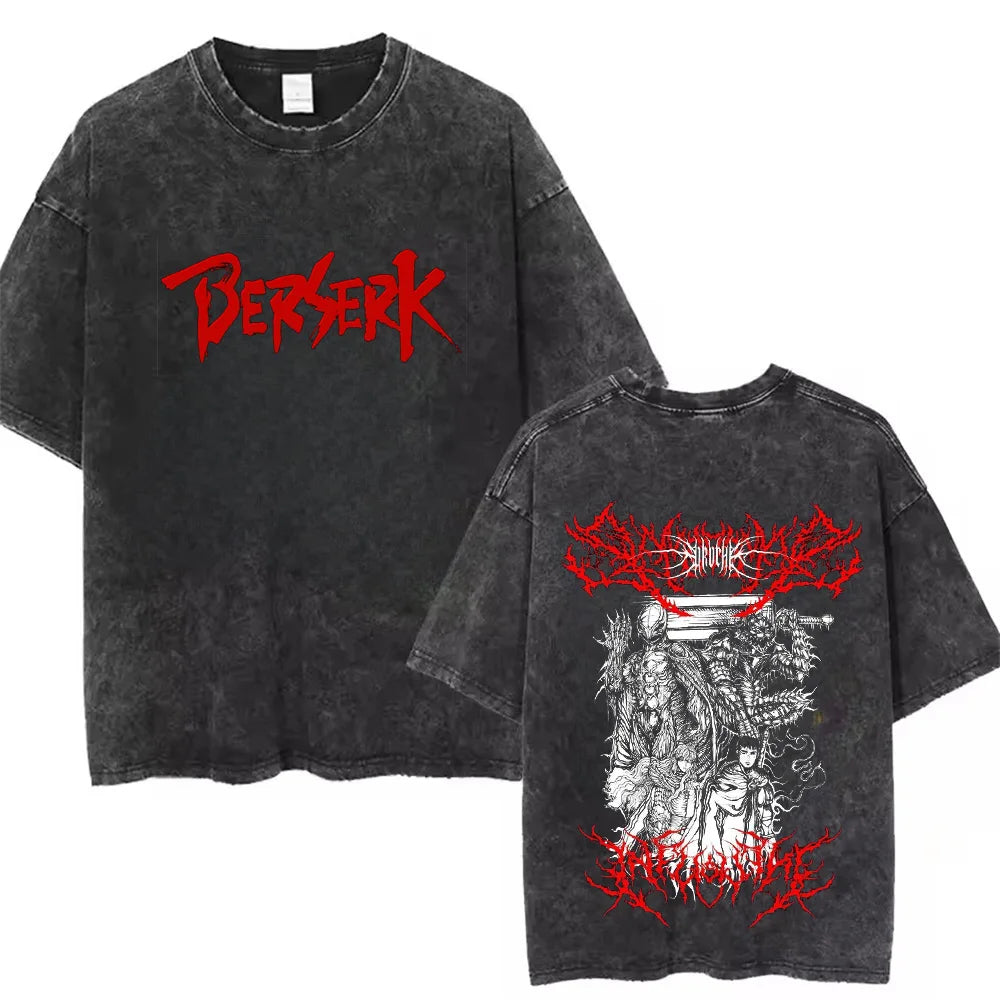 Anime Berserk Cotton TShirt Hip Hop Streetwear T Shirt Guts Washed T-Shirt Summer Men Casual Loose Short Sleeve Harajuku