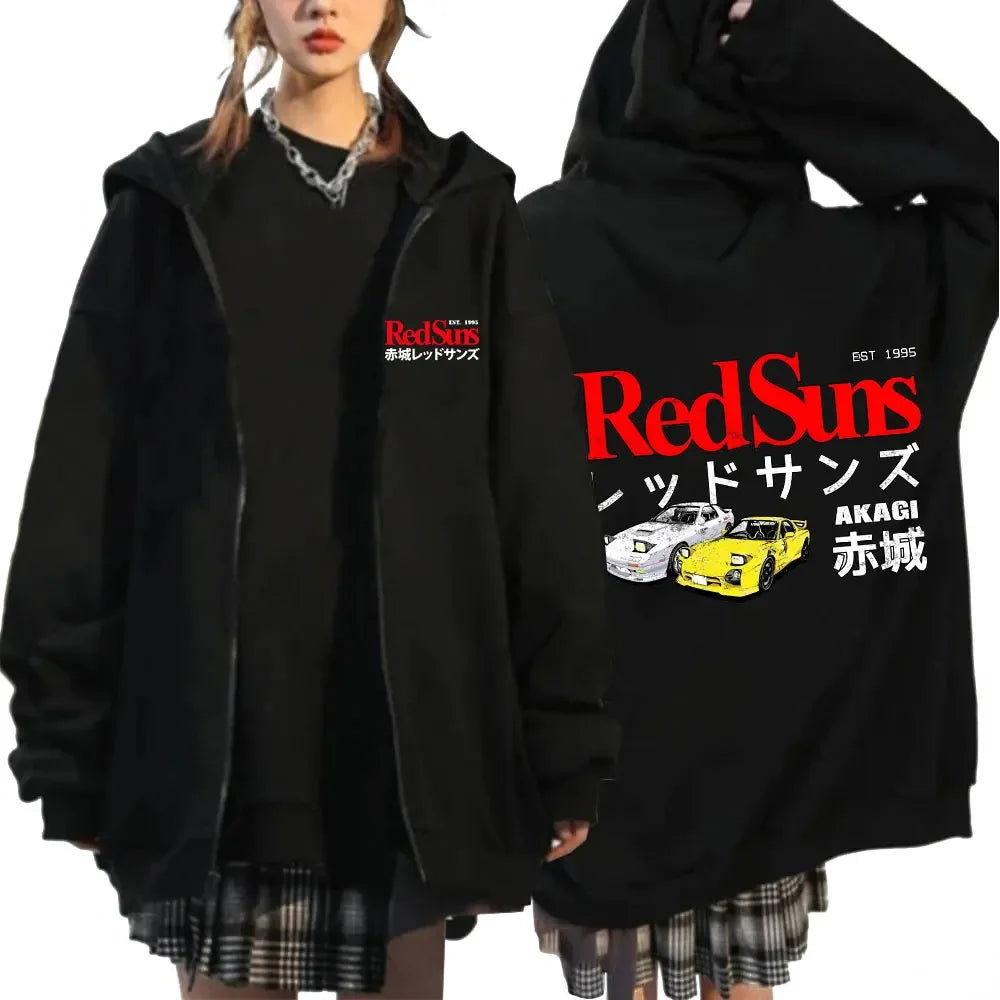 Anime Initial D Drift AE86 Zipper Hoodie Casual Vintage Zip Up Hooded Sweatshirts JDM Car Oversized Hoodies Cardigan Jacket Coat