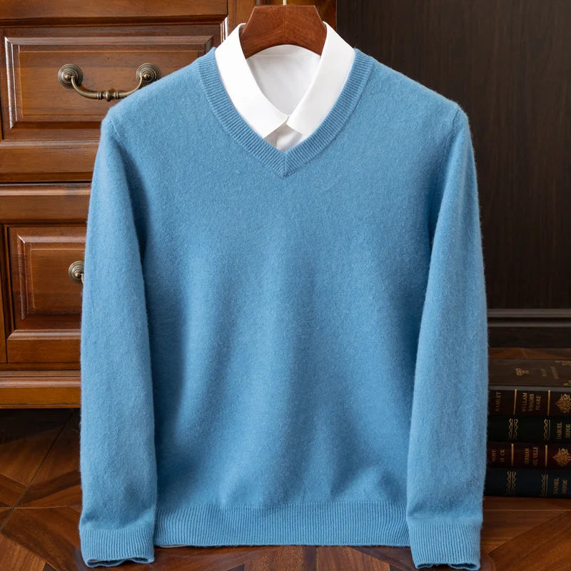 2025 Men's 100% Merino Wool Cashmere V-neck Sweater Pullover Smart Casual Basic Long Sleeve Knitwear Clothes Tops Autumn Winter