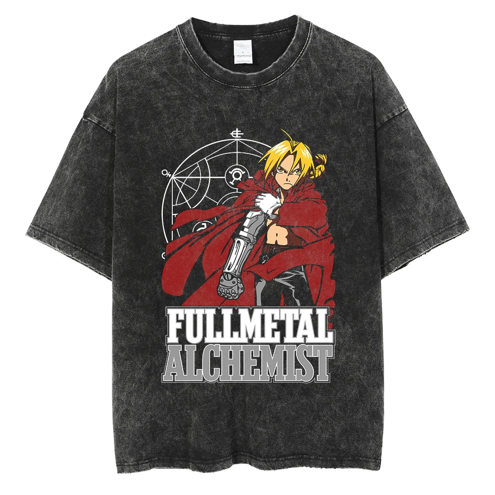 Anime Fullmetal Alchemist Logo Graphic Print T Shirt Men Women Vintage Manga Tshirts Washed Cotton T-shirt Harajuku Oversize Tee