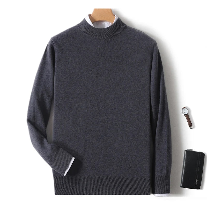 100% Pure Merino Wool Men's Semi High Neck Pullover Solid Color Plus Size Casual Sweater Autumn And Winter Sports Cashmere Top