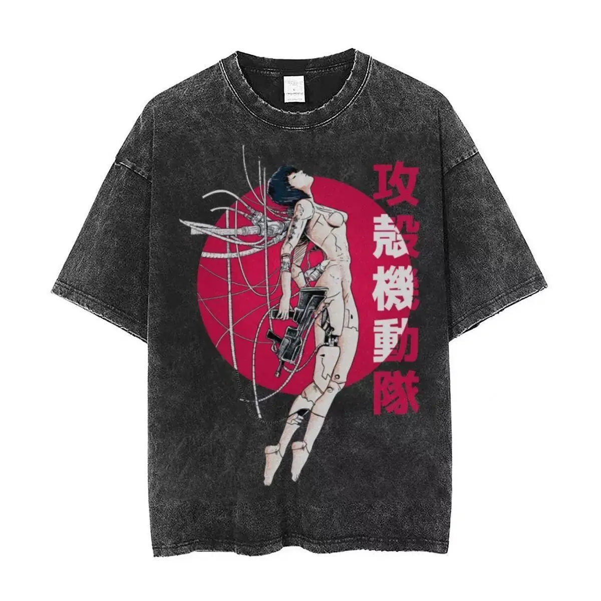 Anime Ghost in The Shell Kusanagi Motoko Print Tee Men Vintage Washed T-shirts Manga Casual T Shirt Harajuku Male Cotton Tshirt