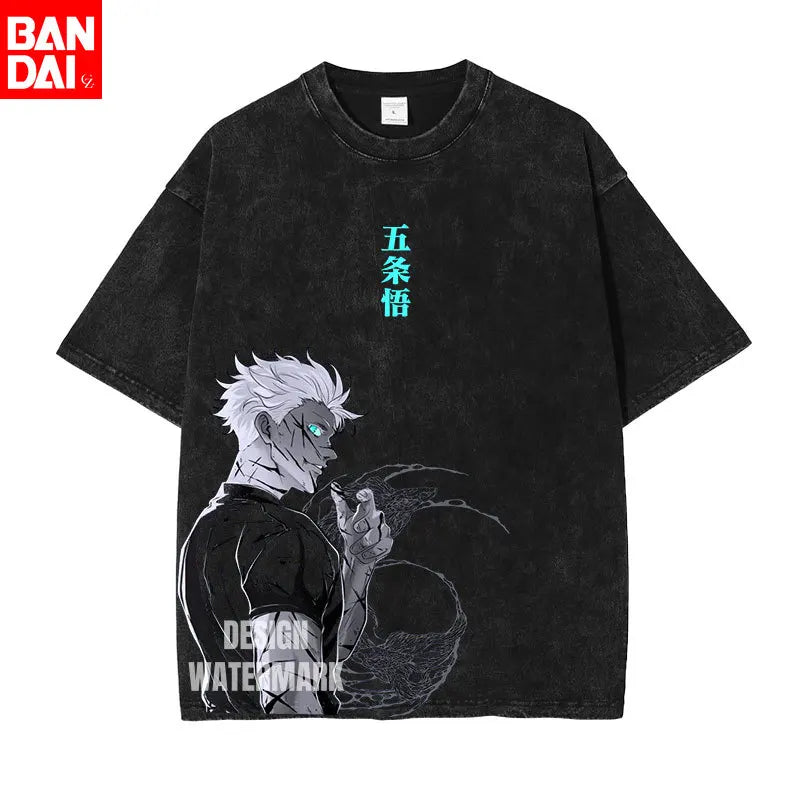 Anime Jujutsu Kaisen Gojo Satoru T Shirt Men Vintage Washed Black Tees Casual Streetwear Oversized Cotton Short Sleeve T-shirts