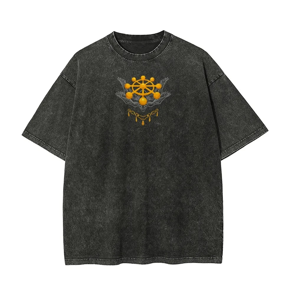 Mahoraga Wheel T-shirt Jujutsu Kaisen Eight-Handled Sword Tee Vintage Washed Oversized Anime Graphic Streetwear Retro Men Tops