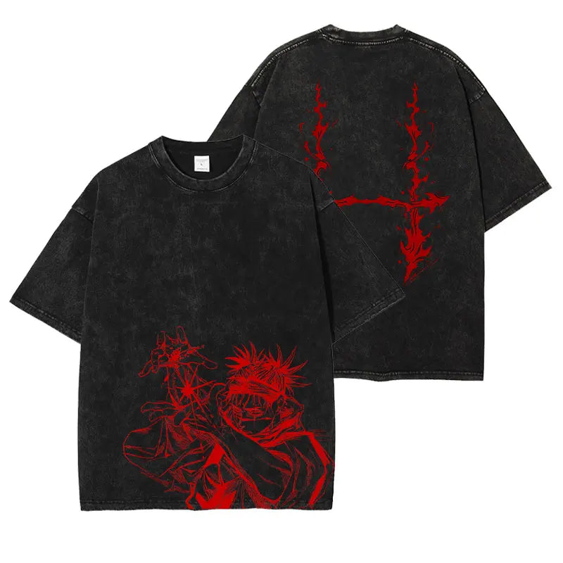 Anime Jujutsu Kaisen Gojo Satoru T Shirt Men Vintage Washed Black Tees Casual Streetwear Oversized Cotton Short Sleeve T-shirts