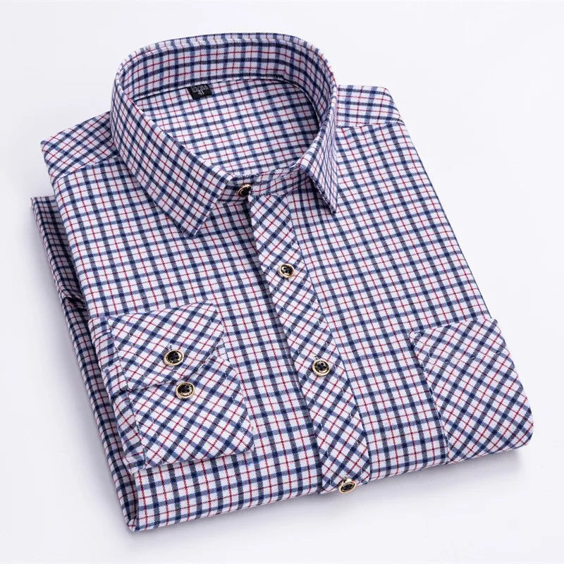 2024 New Men's Flannel Shirts Long Sleeve Cotton Soft Regular-fit Brushed Single Pocket Comfortable Casual Fashion Plaid Shirts