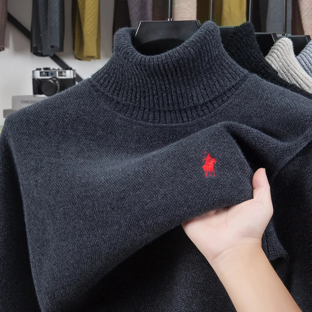 High end brand velvet sweater men's new fashion designer exquisite pony embroidery winter thick warm high neck knitted pullover
