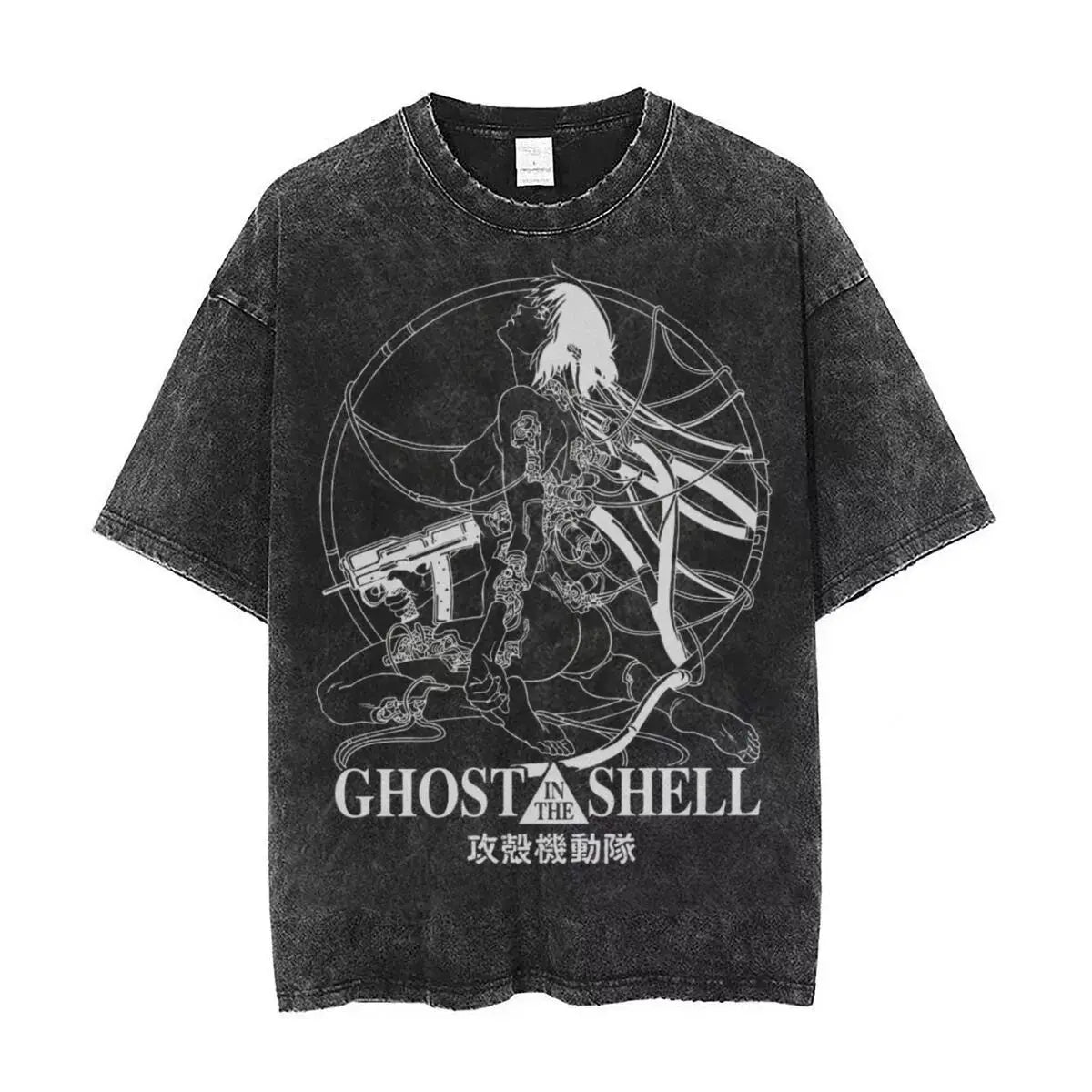 Anime Ghost in The Shell Kusanagi Motoko Print Tee Men Vintage Washed T-shirts Manga Casual T Shirt Harajuku Male Cotton Tshirt