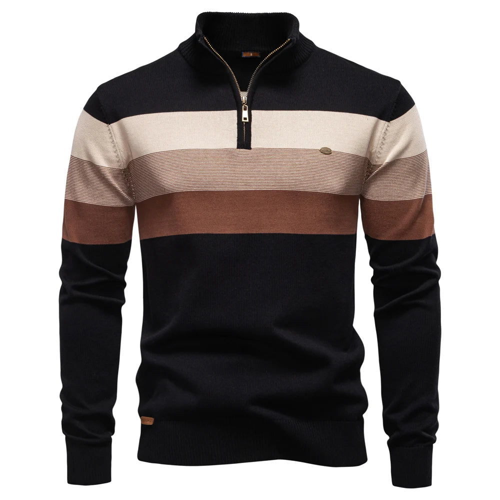 AIOPESON Men's Patchwork Pullover Sweater Cotton Casual Zipper Mock Neck Sweater for Men New Winter Fashion Warm Sweater for Men