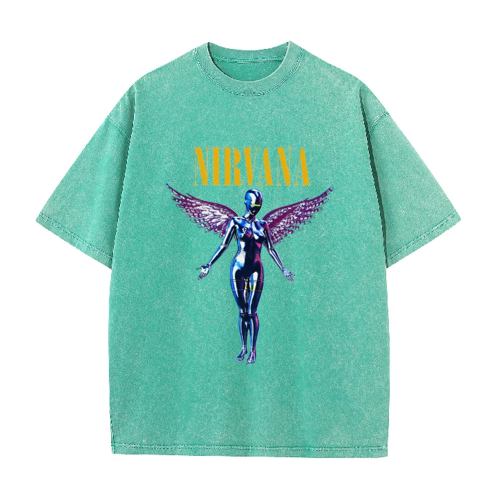 Nirvana Angel In Utero Print Vintage Washed T Shirt Rock Band Casual Top