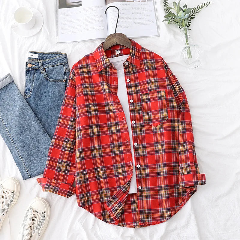 Brand Casual Women's Flannel Plaid Shirt 2025 Autumn New Boutique Ladies Loose Blouse and Tops Female Long Sleeve Shirts Clothes