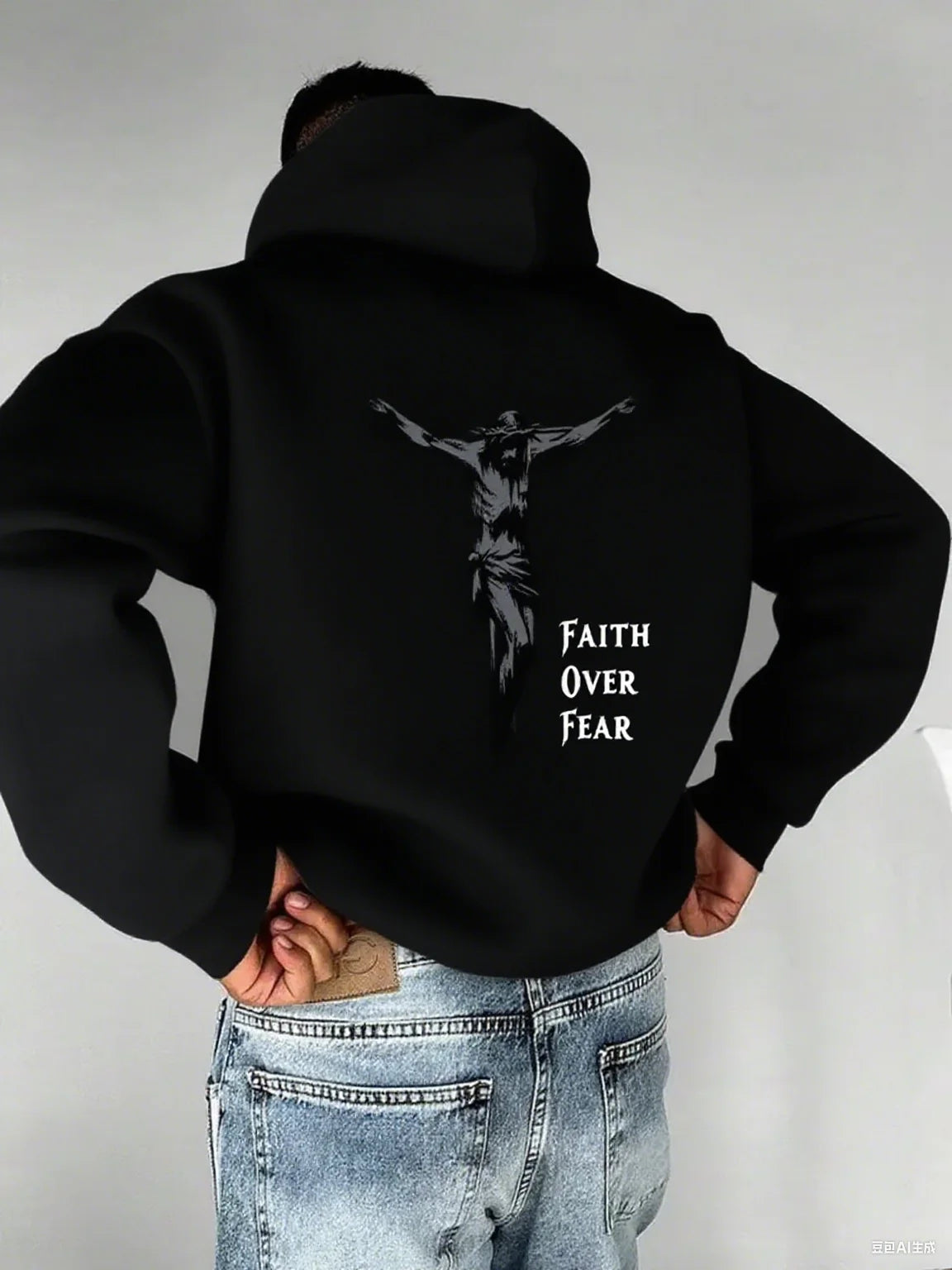 A men's hoodie with the words "Christian faith Overcomes fear" printed on it features a cross-shaped design on the back