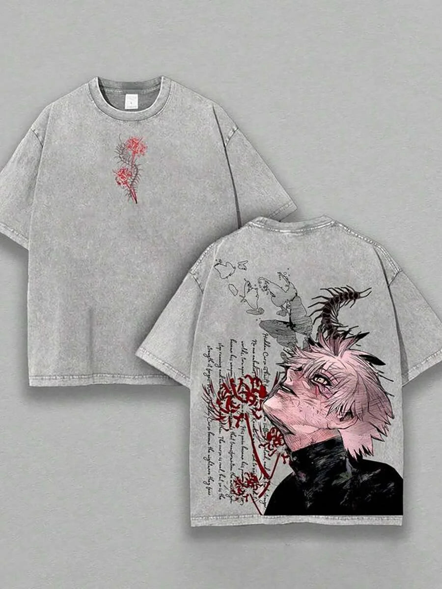 Kaneki Ken Graphic T-shirt Anime Tokyo Ghoul Clothing Men Short Sleeve Washed Tshirts Casual Cotton T Shirt Harajuku Retro Tops