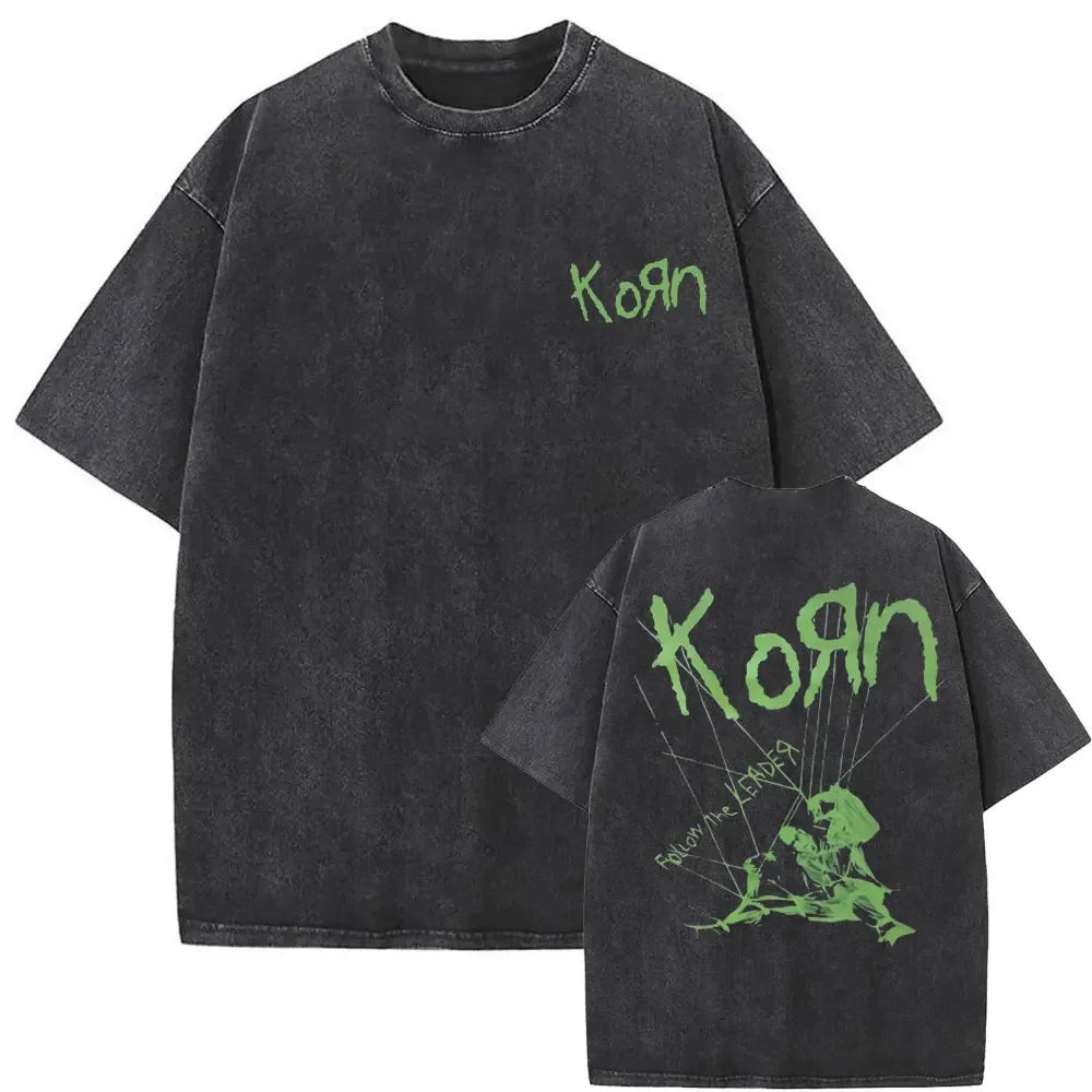 Rock Band Korn Ftl 25 Follow The Leader Double Sided Print T Shirt Men Gothic Casual Oversized Tees Unisex Washed Vintage Tshirt