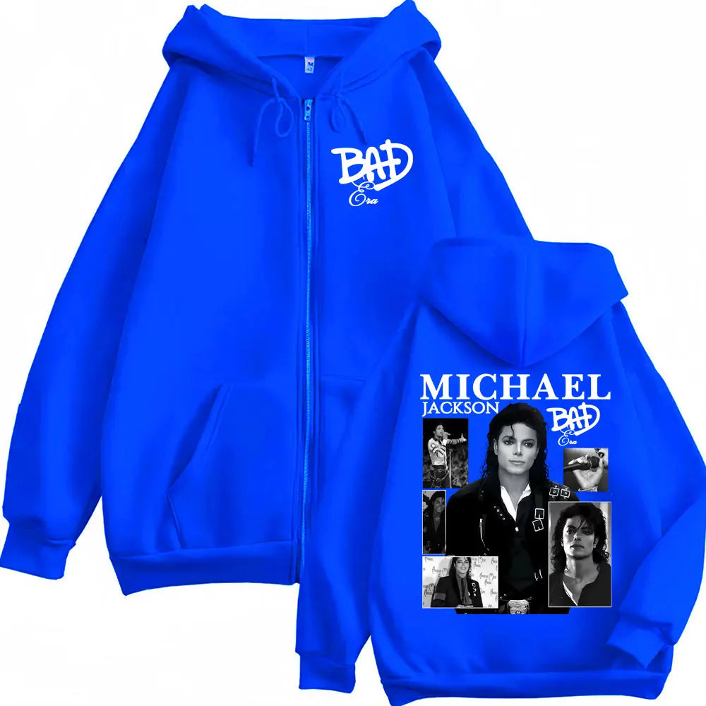 King of Pop Michael Jackson Bad Era Zipper Hoodie Men Women Harajuku Streetwear Jacket Sweatshirt Fleece Casual Zip Up Pullovers