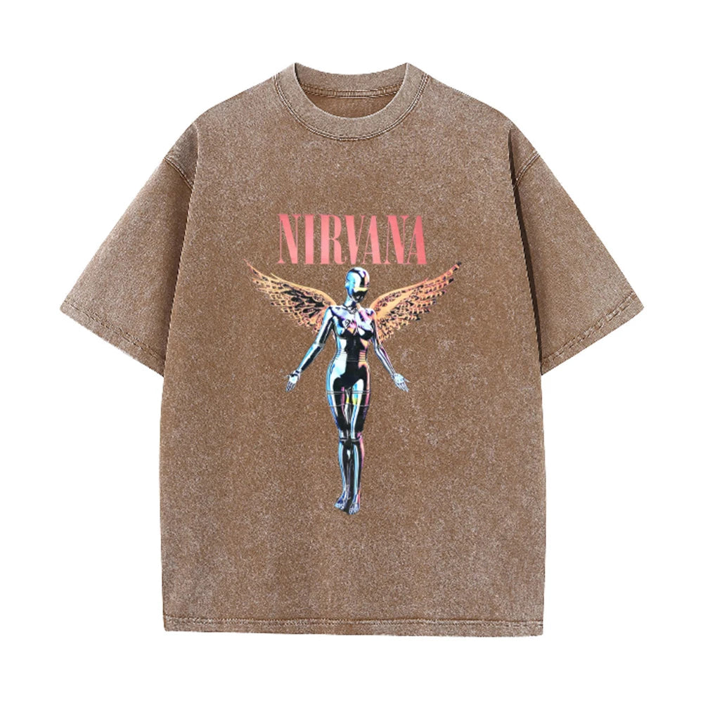 Nirvana Angel In Utero Print Vintage Washed T Shirt Rock Band Casual Top
