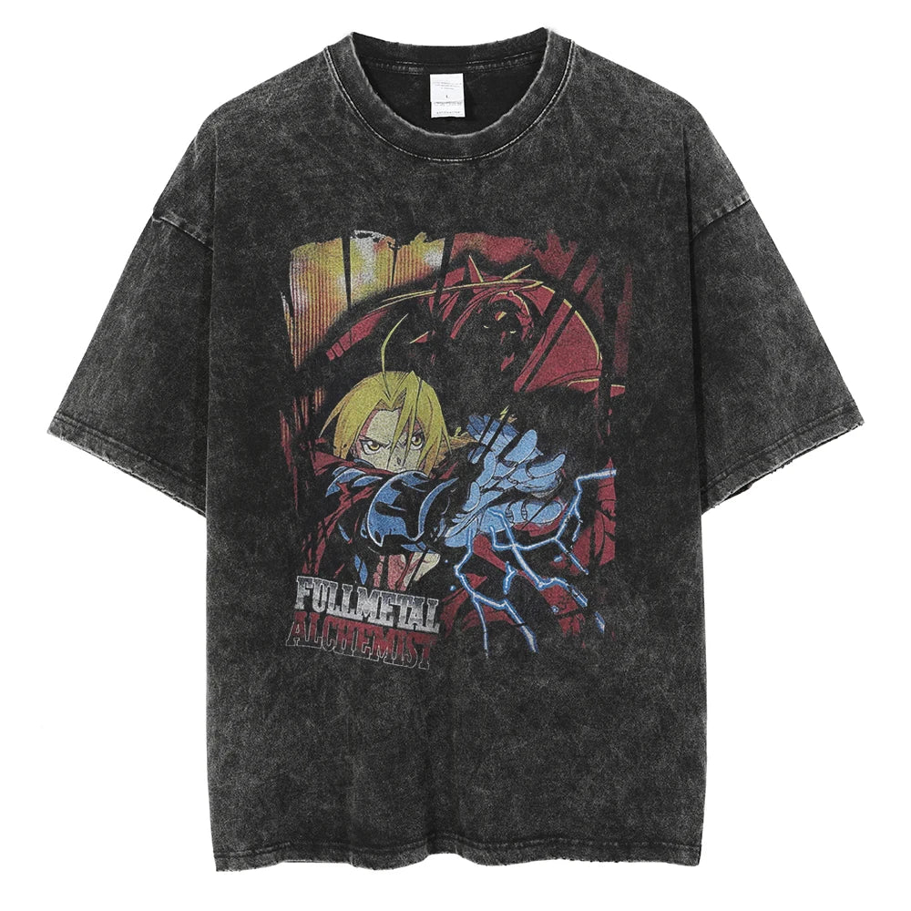 Anime Fullmetal Alchemist Logo Graphic Print T Shirt Men Women Vintage Manga Tshirts Washed Cotton T-shirt Harajuku Oversize Tee