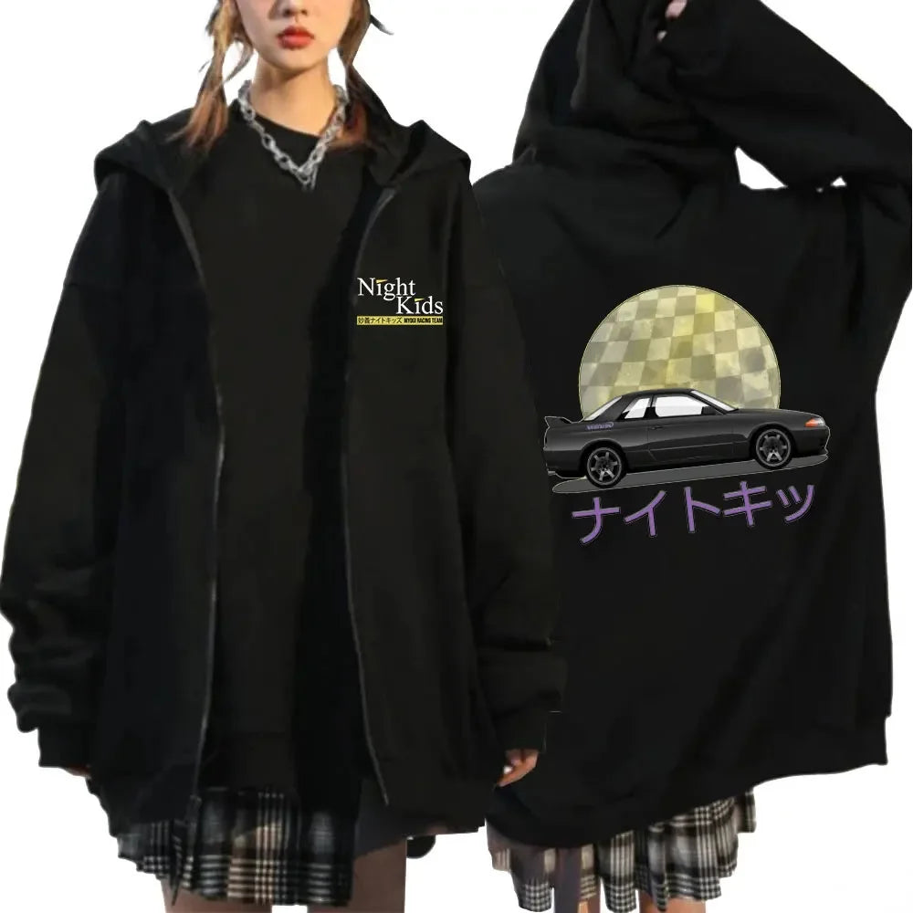 Anime Initial D Drift AE86 Zipper Hoodie Casual Vintage Zip Up Hooded Sweatshirts JDM Car Oversized Hoodies Cardigan Jacket Coat