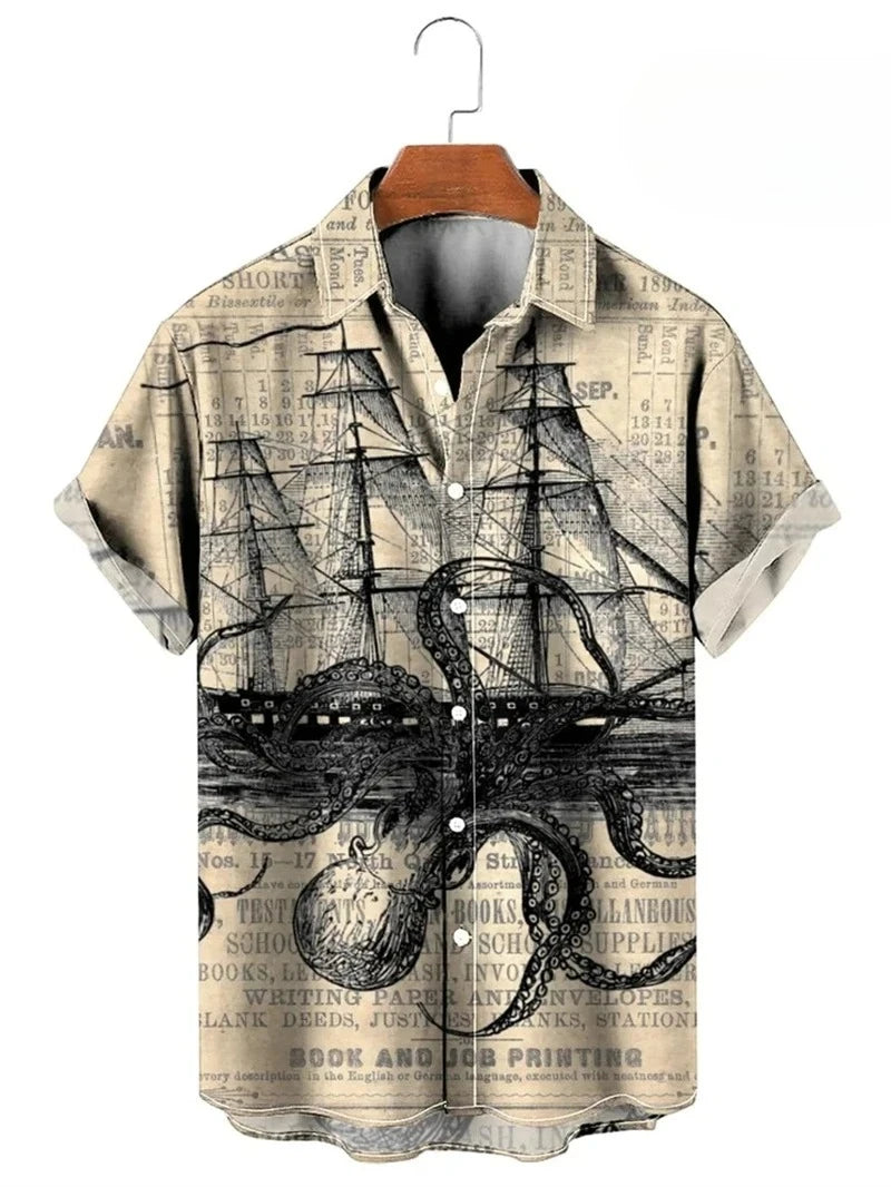 Vintage Button Up Shirt Man 3d Map Printed Short Sleeve Hawaiian Shirt Lapel Men's Clothing Casual Fashion Tops Oversized Tshirt