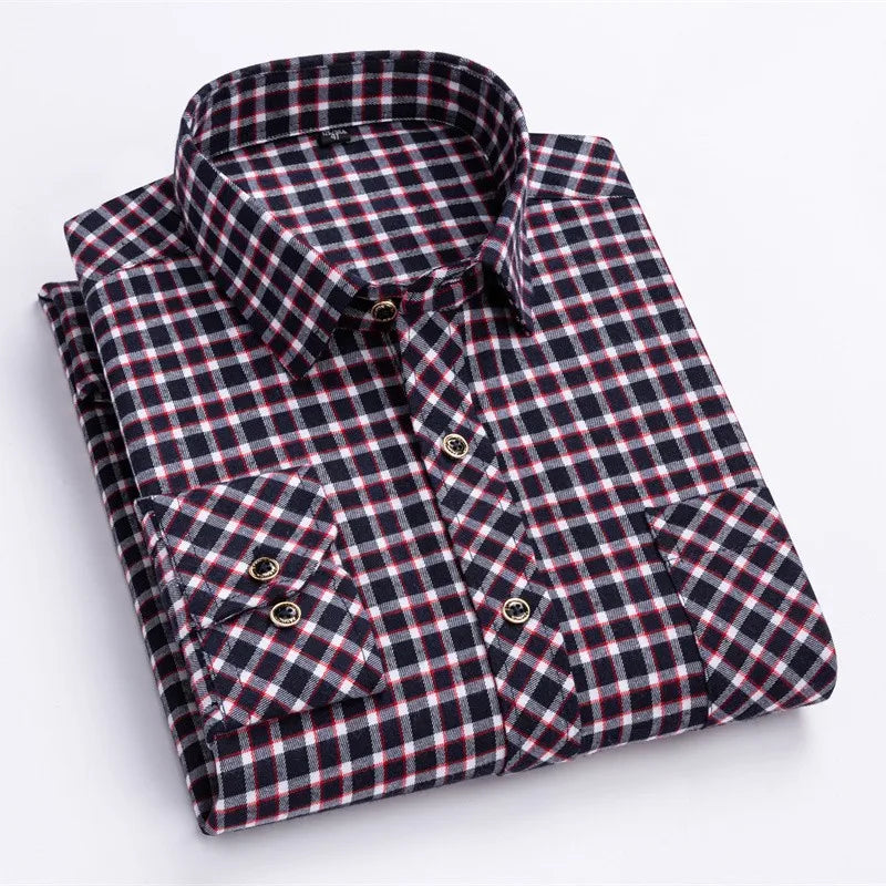 2024 New Men's Flannel Shirts Long Sleeve Cotton Soft Regular-fit Brushed Single Pocket Comfortable Casual Fashion Plaid Shirts