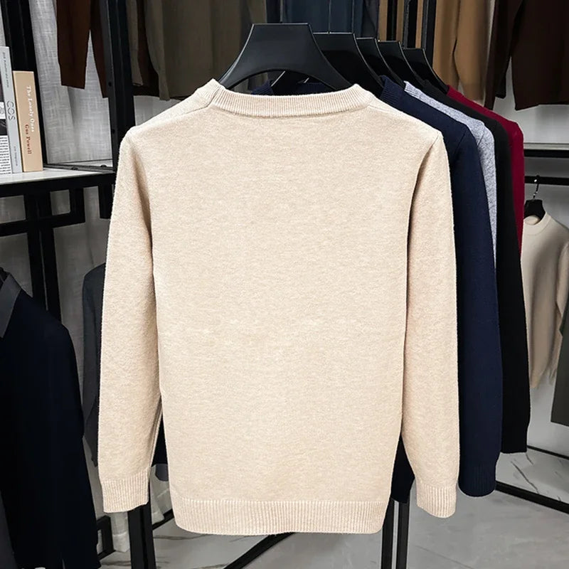 Soft Knit Men Crew Neck Long‑Sleeve Sweater Solid‑Color Plain Pullover Casual Business Basic Knitwear for Men