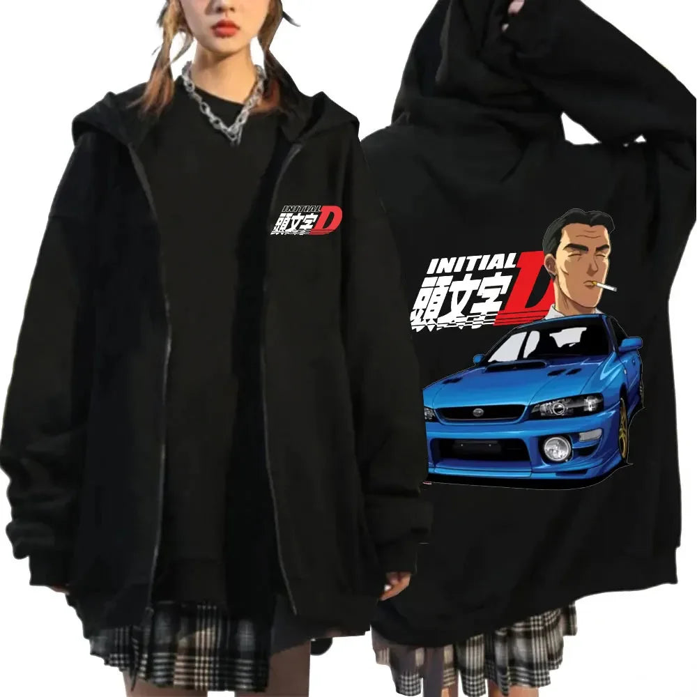 Anime Initial D Drift AE86 Zipper Hoodie Casual Vintage Zip Up Hooded Sweatshirts JDM Car Oversized Hoodies Cardigan Jacket Coat