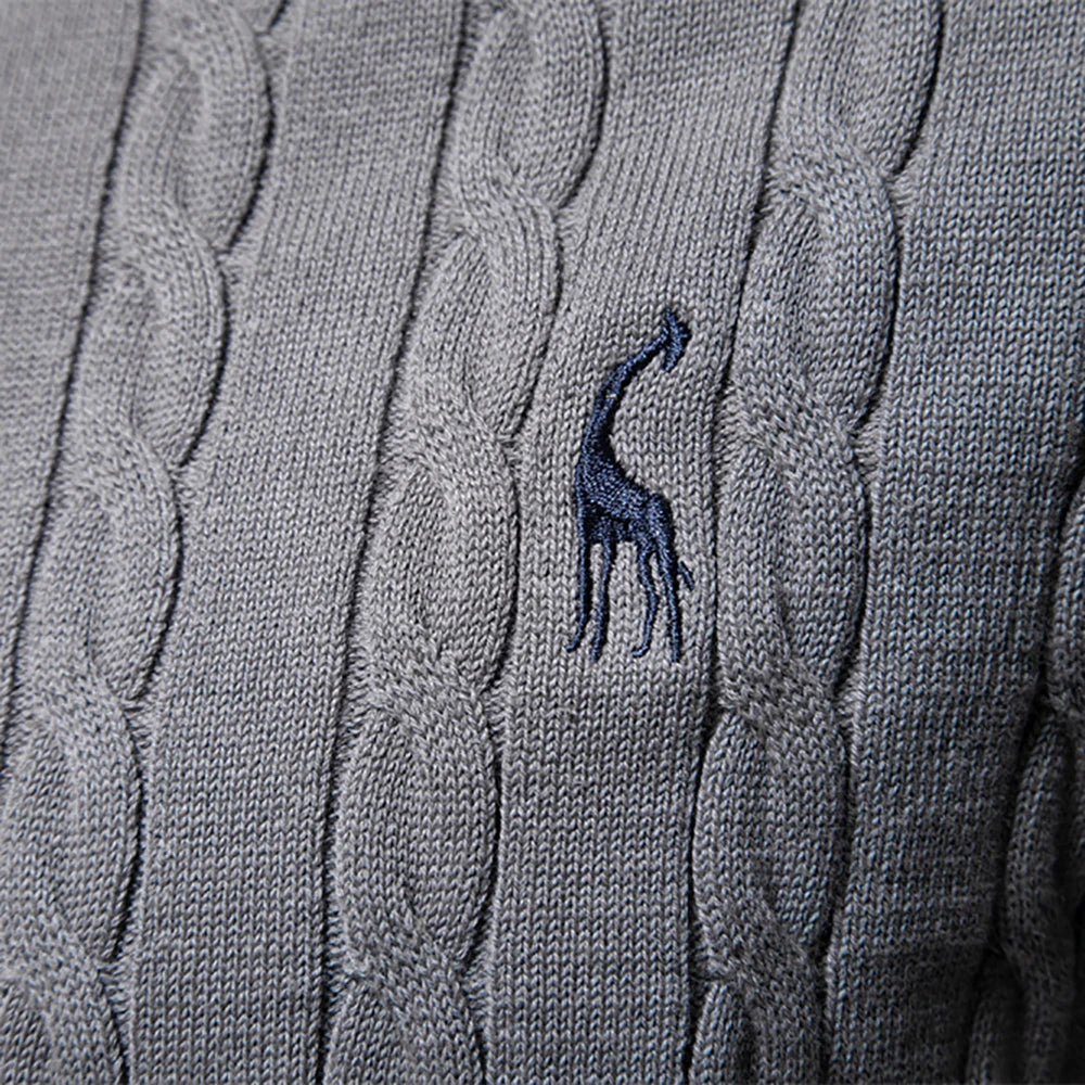 AIOPESON Mens Giraffe Embroidery Cotton Sweaters Round Neck Classic Twist Patterned Pullover Knitted Sweater for Men