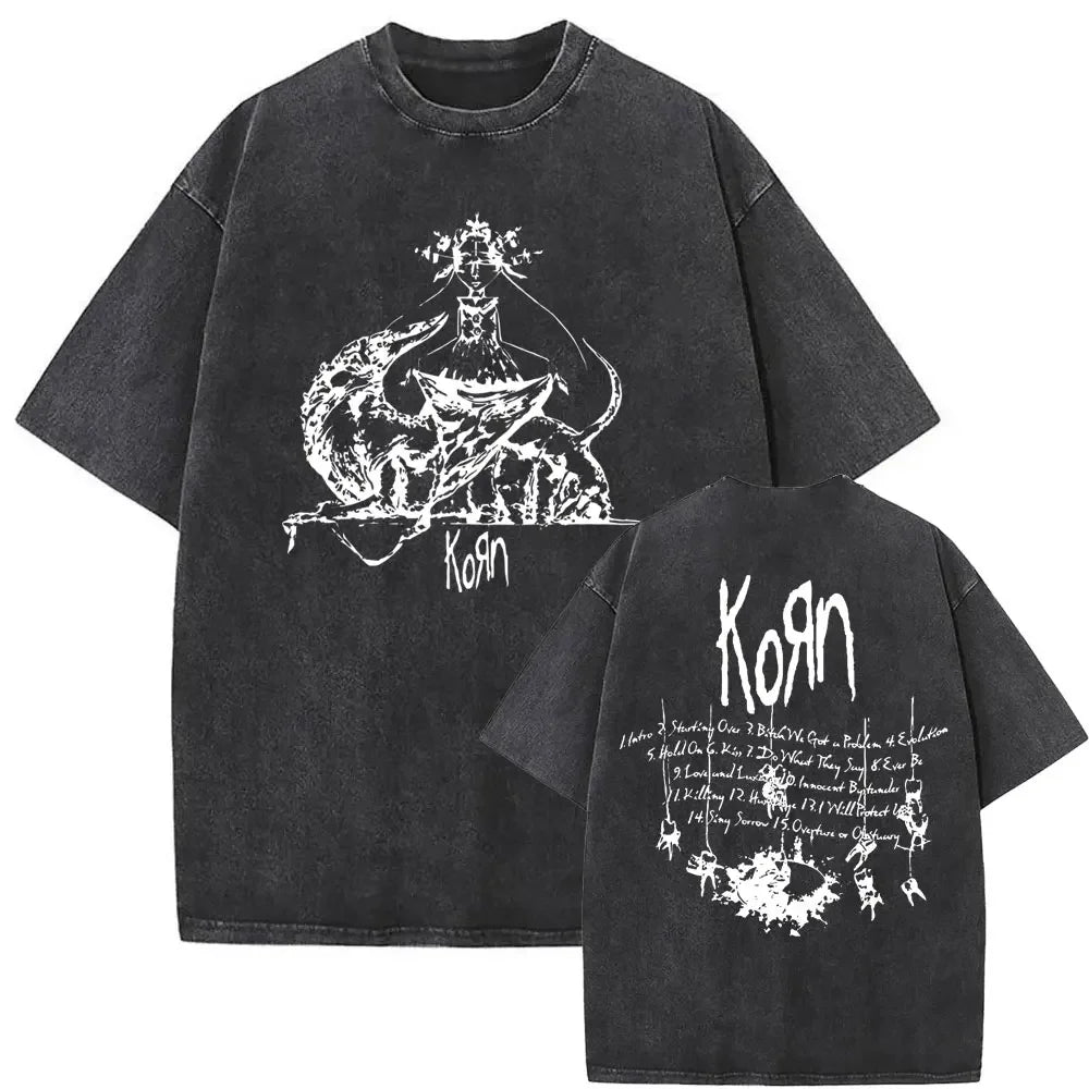 Rock Band Korn Ftl 25 Follow The Leader Double Sided Print T Shirt Men Gothic Casual Oversized Tees Unisex Washed Vintage Tshirt