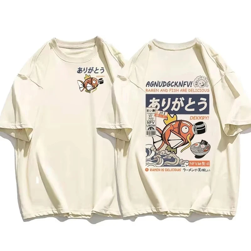 Japanese Streetwear T-shirt Men Koi Fish Soy Sauce Print Casual Women Short Sleeve Tee Summer 2025 Anime Fashion Y2k Clothes