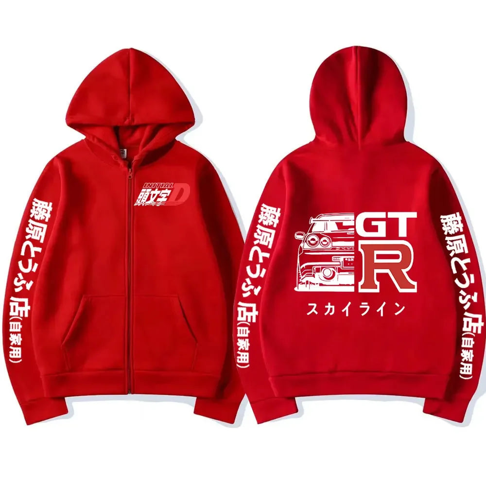 Anime Initial D Drift AE86 Zipper Hoodie Casual Vintage Zip Up Hooded Sweatshirts JDM Car Oversized Hoodies Cardigan Jacket Coat