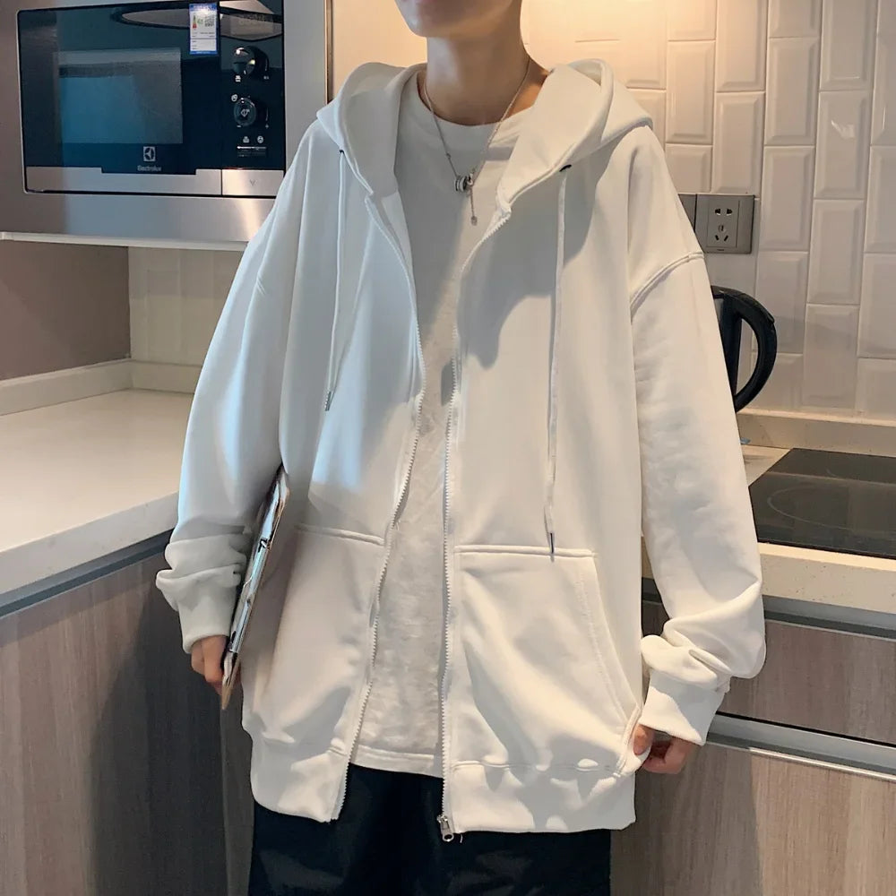 Men's  Trendy Hoodie Cardigan Autumn Hooded Sweatshirt Solid Color Classic Jacket Long Sleeve Zipper Coat Casual Men Clothing