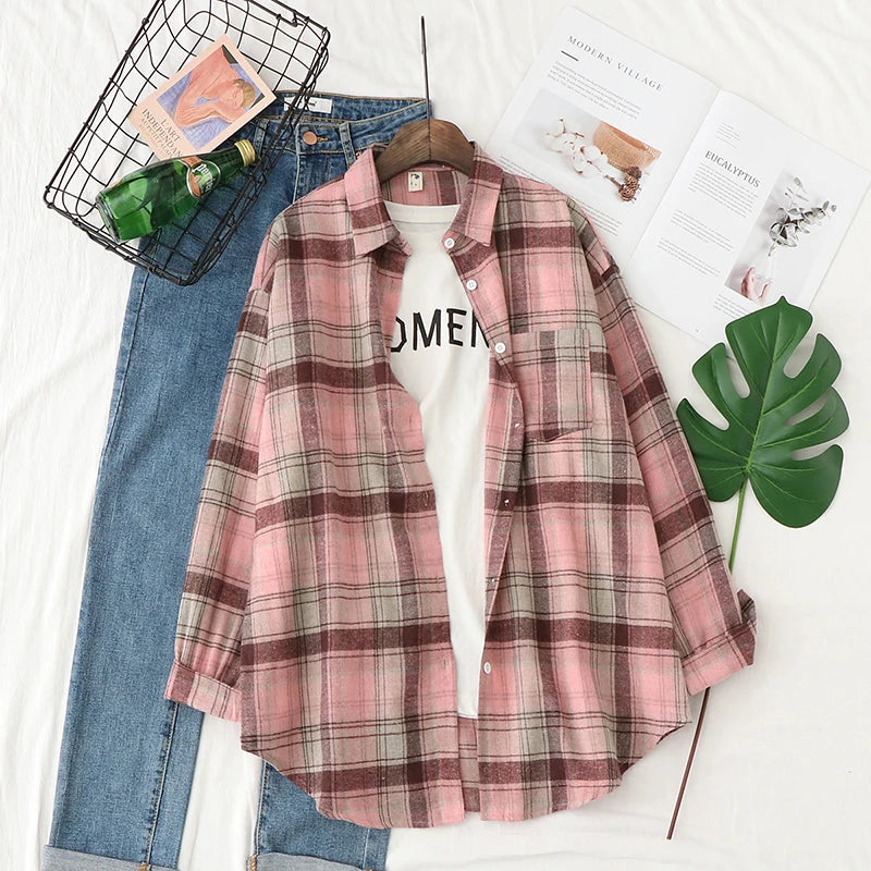 Brand Casual Women's Flannel Plaid Shirt 2025 Autumn New Boutique Ladies Loose Blouse and Tops Female Long Sleeve Shirts Clothes