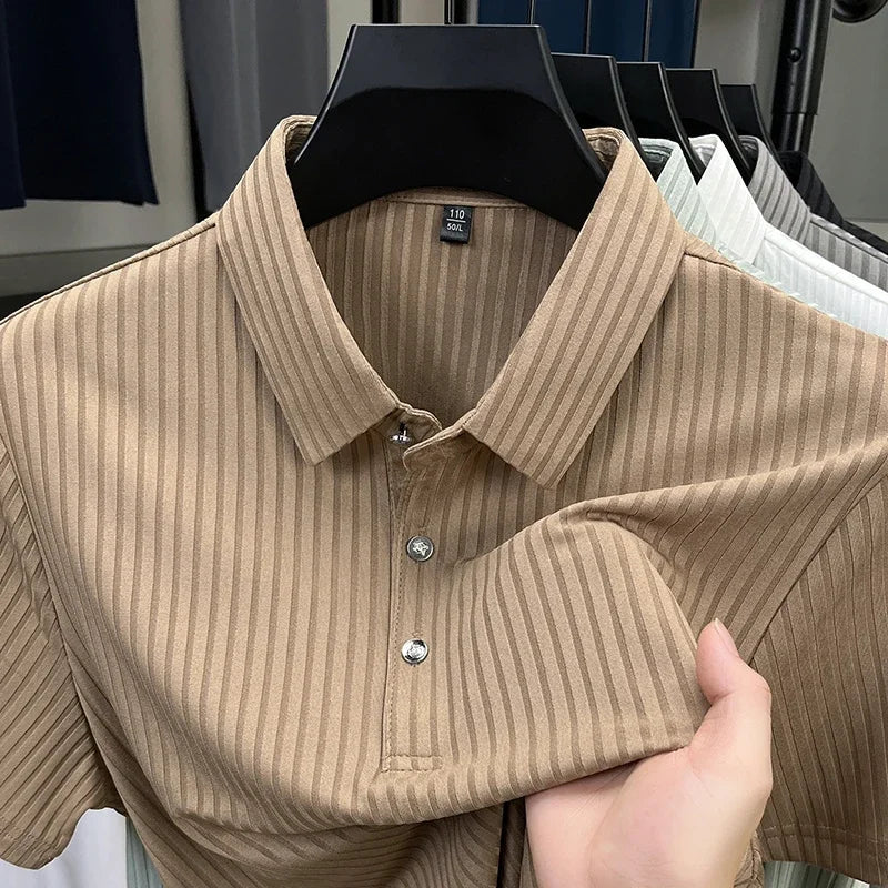 2026 New Men's Casual Fashion Striped Short Sleeved Collar Polo Shirt Breathable and Comfortable Summer Versatile T-shirt