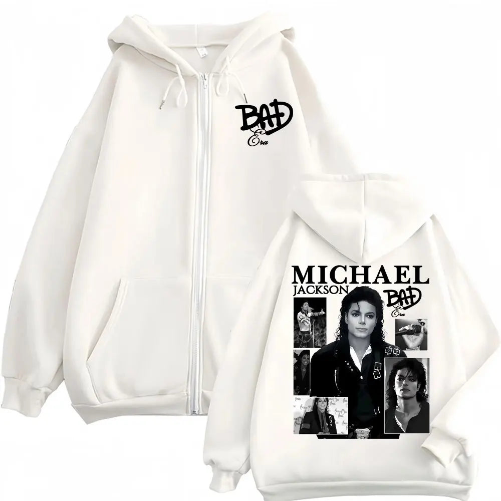 King of Pop Michael Jackson Bad Era Zipper Hoodie Men Women Harajuku Streetwear Jacket Sweatshirt Fleece Casual Zip Up Pullovers