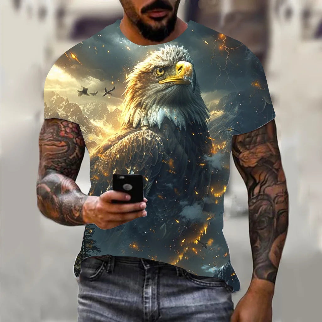 Harajuku Men's T-shirt Hip Hop Trend Street Casual Round Neck Short Sleeve Loose Top Fun 3D Animal Eagle Print T-shirt