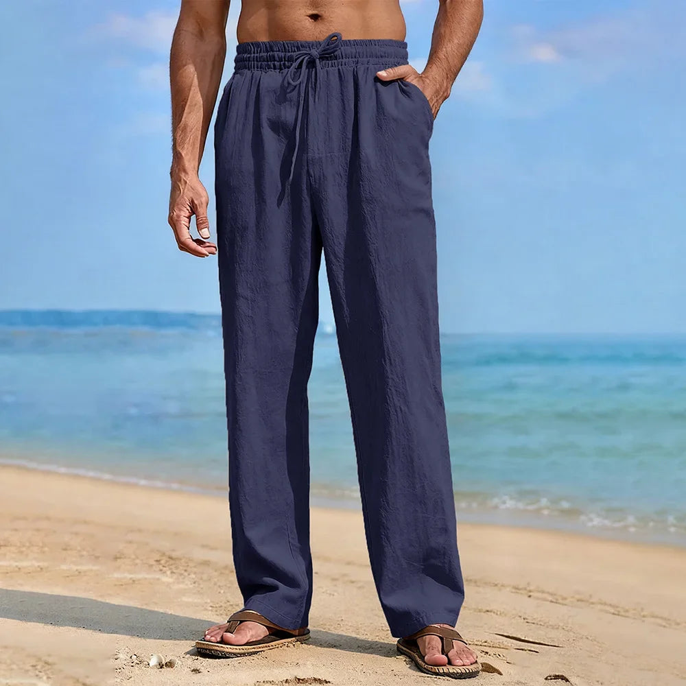 Men's Straight Leg Pants Cotton Linen Breathable Lightweight Solid Color Cozy Long Trousers Hawaiian Vacation Style Pants