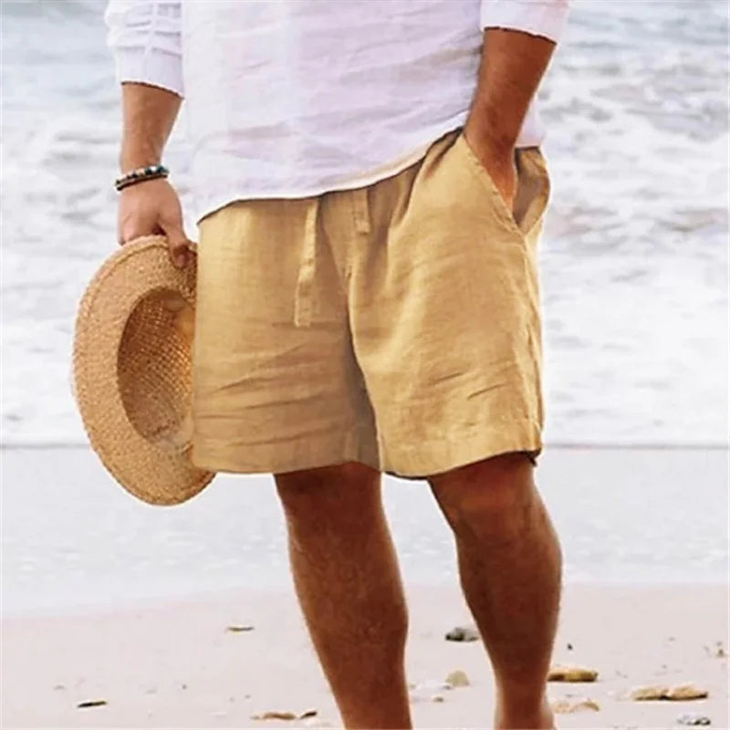 Cotton Linen Men's Shorts Summer Loose Fit Straight Leg Casual Solid Color Beach Pants Trendy