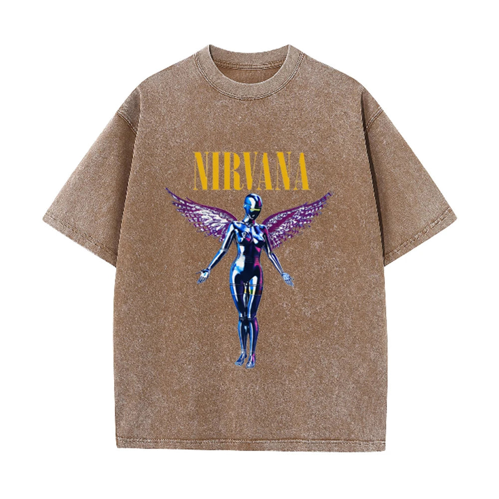 Nirvana Angel In Utero Print Vintage Washed T Shirt Rock Band Casual Top