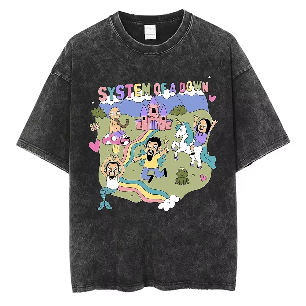 90s Alternative Rock Band System of A Down Washed Vintage T-shirts Men Women Fashion Oversized T Shirt Male Casual Cotton Tshirt