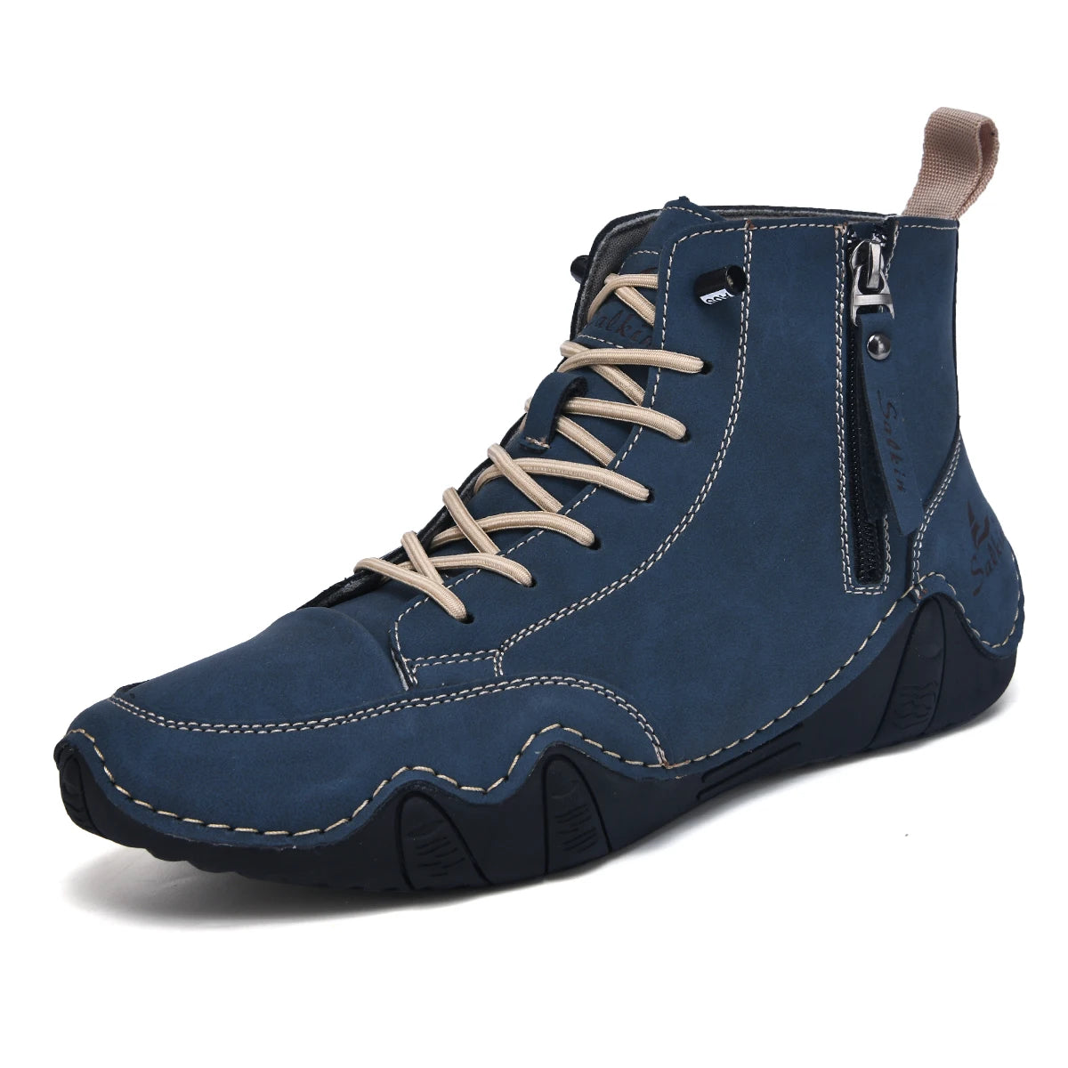 Men's Hand-Stitched Vintage Boots, Fashionable Solid Color Side Zipper High-Top Casual Shoes, Spring and Autumn Everyday Wear, Bare Boots, Outdoor Hiking Sneakers