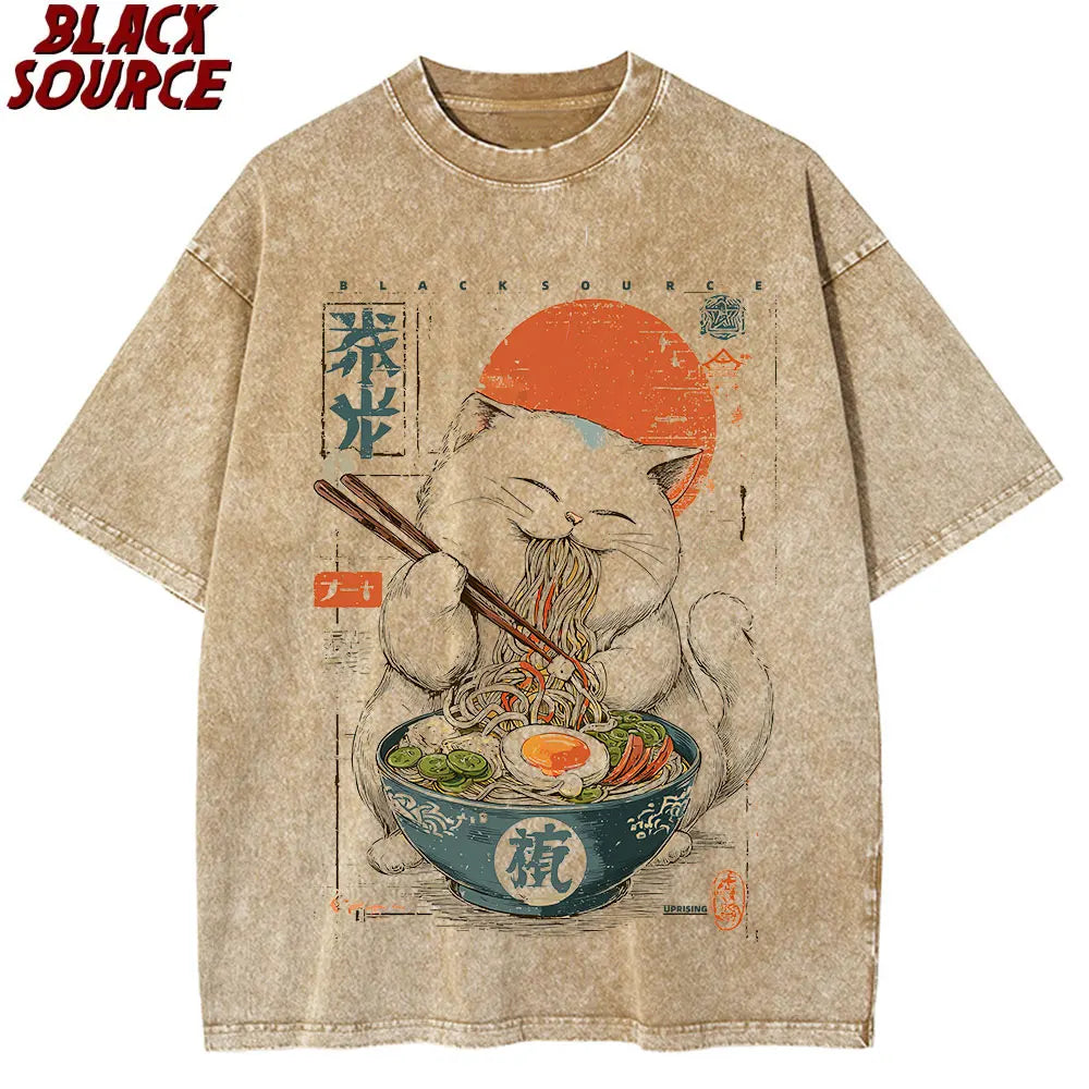 T0220 Cute Ramen T Shirts for Men Japanese Cat T-shirt Summer Cotton Short Sleeve Graphic T Shirts Unisex Clothing Cartoon